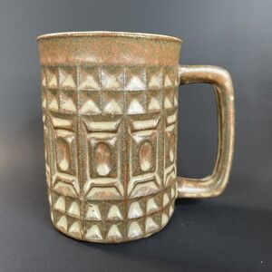 Vtg Stoneware Coffee Mug Brown with Red‎ Textured Carved Otagari?